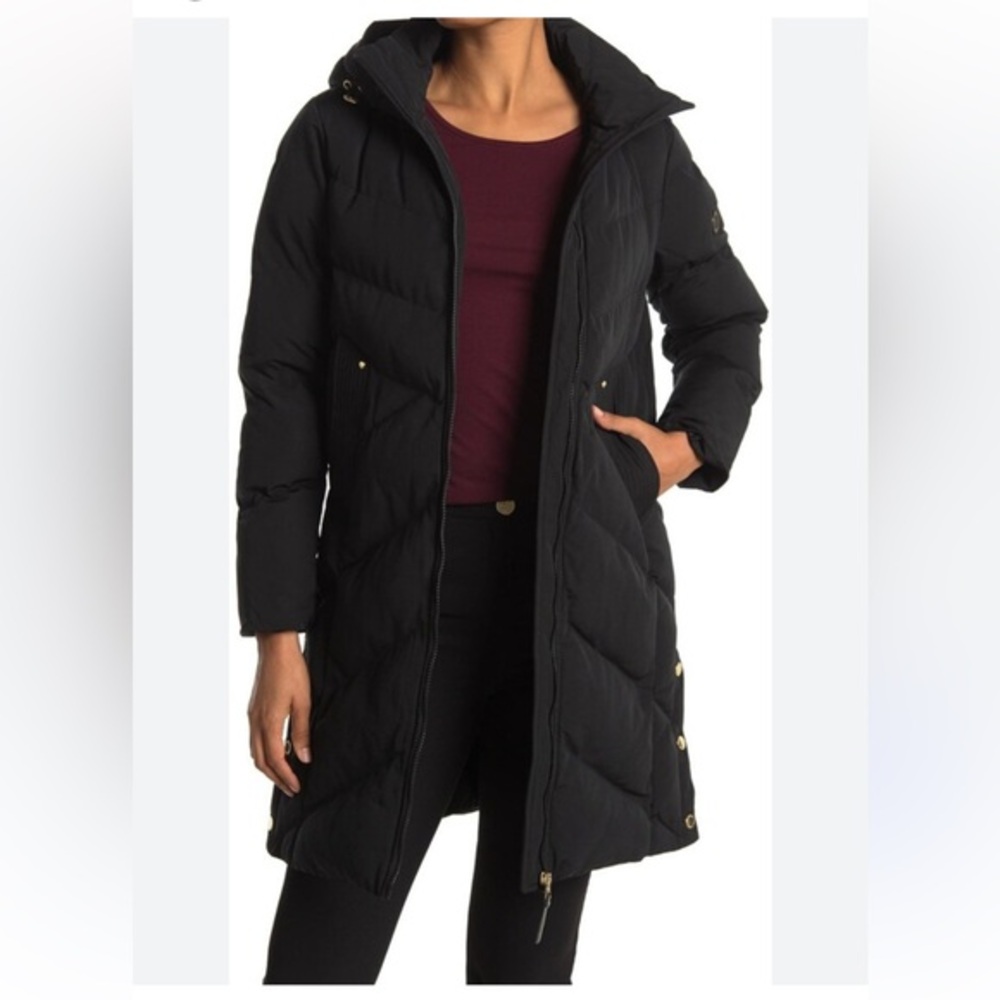 French Connection Women's Quilted Mid-Length Winter Puffer Coat black large